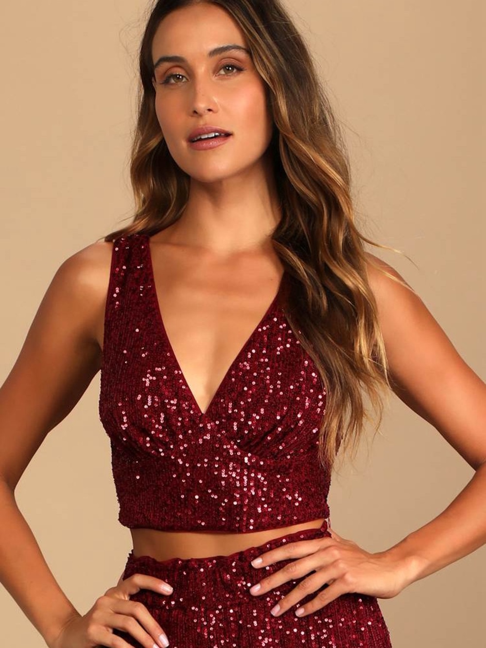 Lulu's Flawless Sparkle Wine Red Sequin V-Neck Tank